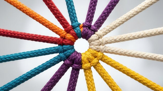 Multiple colorful ropes tied together in a central knot to symbolize connection and teamwork.