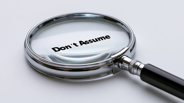 Magnifying glass highlighting the imperative phrase 'Don't Assume' on a clean.