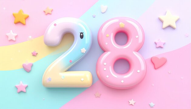 Colorful celebration scene with number 28 surrounded by stars and hearts