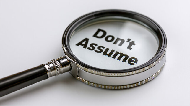 Magnifying glass revealing the cautionary phrase 'Don't Assume' on a pristine white.