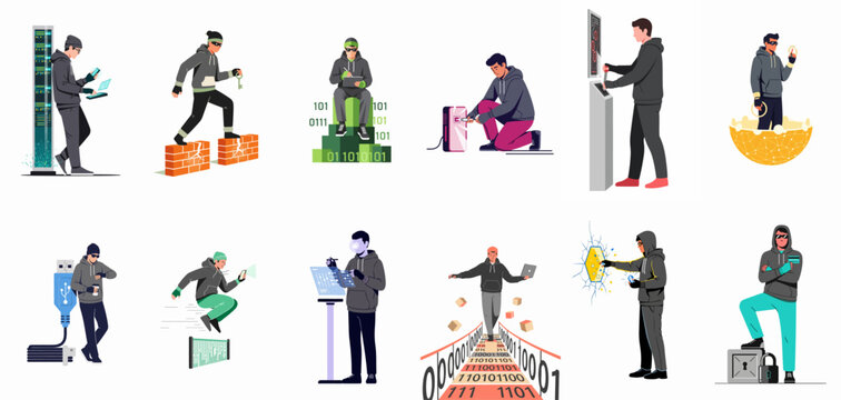 Collection of hacker characters representing various cybercrime activities such as data theft, server intrusion, and security breaches on a white background.