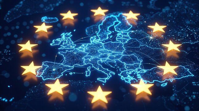 Cyber security and data protection concept with a stylized European Union map and glowing stars.