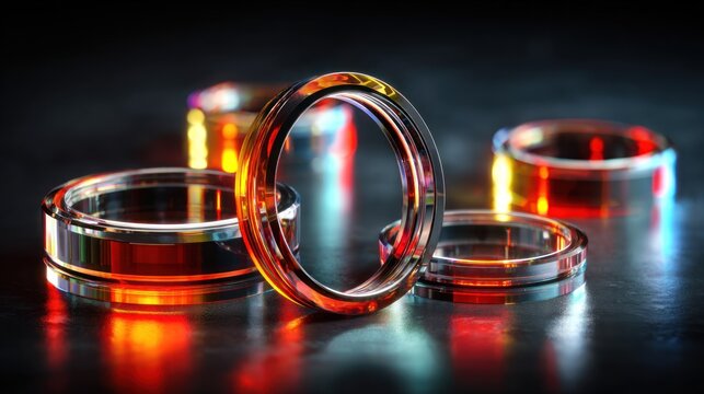 Multiple luminous glass bands rest upon a reflective dark surface under dramatic lighting.