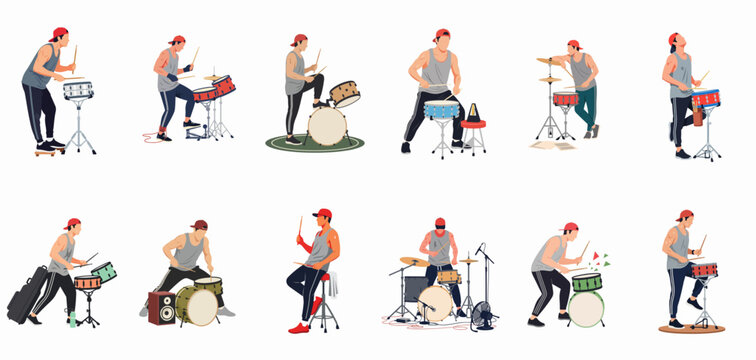 Comprehensive collection of flat vector illustrations featuring a male drummer in various dynamic poses and practice setups