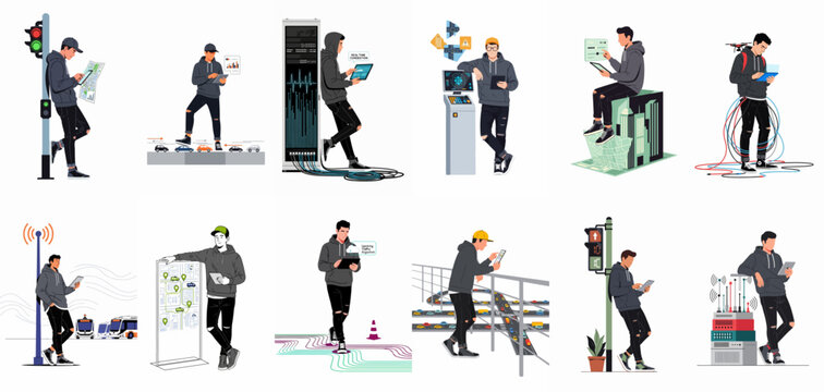 Collection of vector illustrations depicting a young man managing smart city technology, traffic systems, data networks, and urban infrastructure using digital tablets.