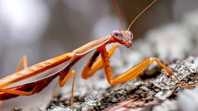 Praying mantis on tree bark in a natural setting during daylight hours Generative AI