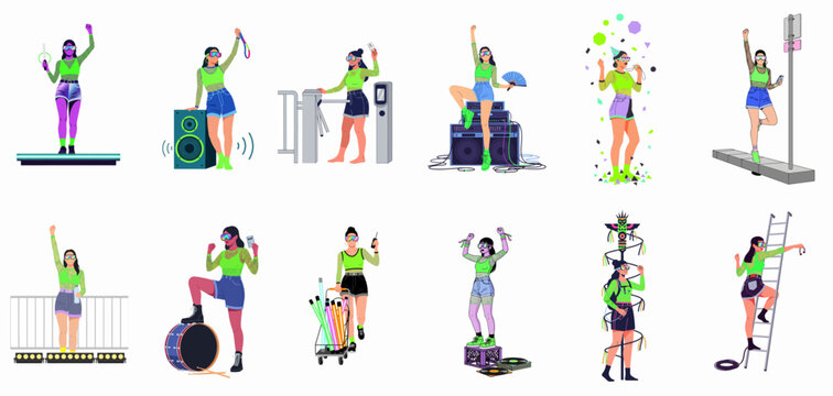 Vector illustration set of women enjoying an electronic music festival and rave party, featuring neon fashion and various concert activities.