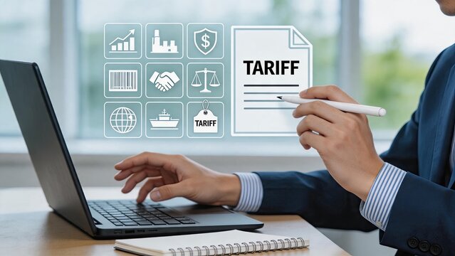 Professional businessman analyzing tariff document on laptop screen, international trade logistics concept, global economy shipping and customs duty regulations with financial
