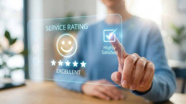 Digital marketing concept showing a person choosing a high rating for customer satisfaction.