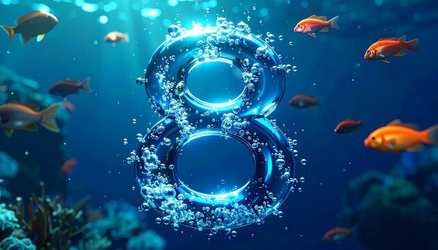 Glowing blue number eight surrounded by schools of orange fish underwater near coral reefs with sunlight filtering through
