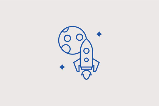 Rocket ship traveling past space planet line icon for astronomy learning mobile application widgets. Vector illustration for cosmic exploration arcade game loading screens.
