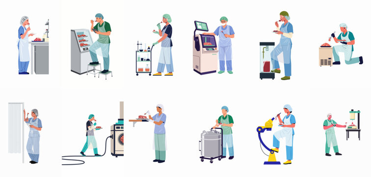 Set of flat vector illustrations depicting scientists and researchers working with lab-grown cultured meat in a modern biotechnology laboratory facility.