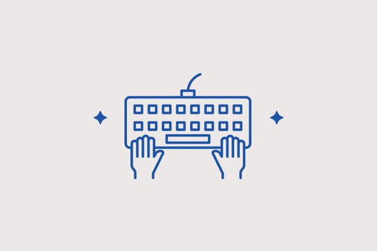 Gaming keyboard with hands line icon for professional esports competition streaming widgets. Vector illustration for computer hardware store catalogs or typing tutor training mobile apps.