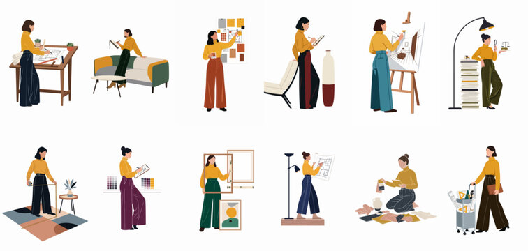 Flat vector illustration set of a professional female interior designer and architect working on various home decor, planning, and creative design projects.