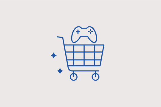 Supermarket shopping cart with gamepad line icon for digital game store checkout screens. Vector illustration for online software marketplace menus or consumer electronic retail applications.