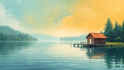 Fototapeta premium Watercolor lakeside cabin painting with wooden dock calm reflective water evergreen trees misty hills and golden blue sky atmosphere