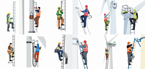 Set of Illustrations Showing Technicians Performing Maintenance and Inspections on Wind Turbines Using Ladders and Safety Equipment © Lopezda