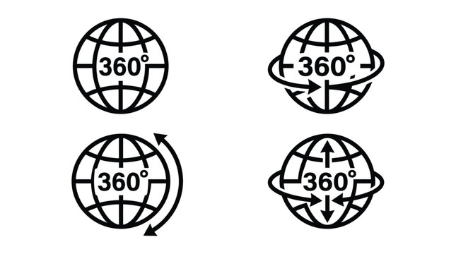 Virtual reality 360-degree globe rotation line icons showing panoramic angles with arrows
