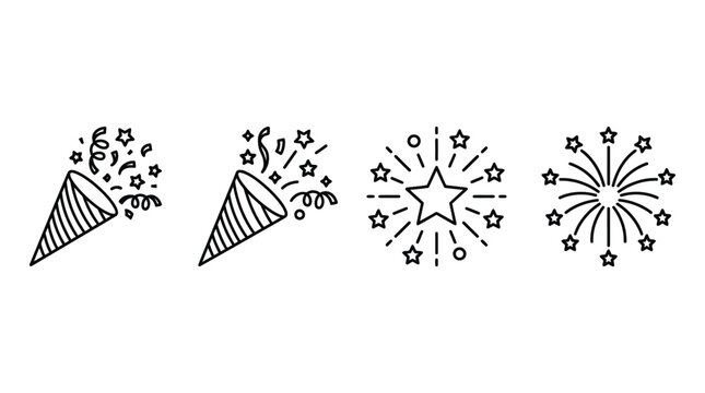 Party confetti poppers and firework flash line icons celebrating festive event success