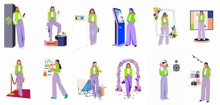Collection of Flat Vector Illustrations Featuring a Trendy Young Woman in Various Lifestyle and Influencer Activities