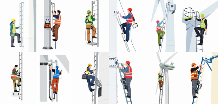Set of Illustrations Showing Technicians Performing Maintenance and Inspections on Wind Turbines Using Ladders and Safety Equipment
