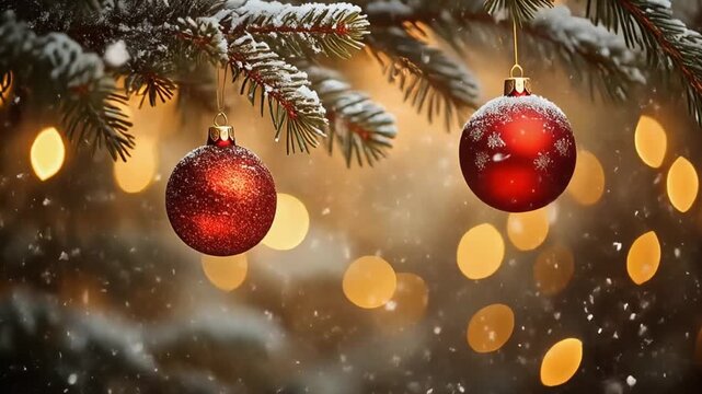 クリスマスのオーナメントと雪が舞う暖かいループ