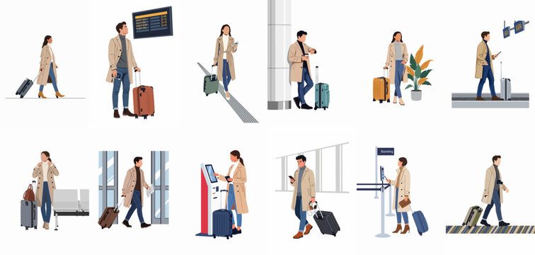 Collection of flat vector illustrations featuring men and women traveling through an airport with suitcases, wearing stylish trench coats and casual clothes.