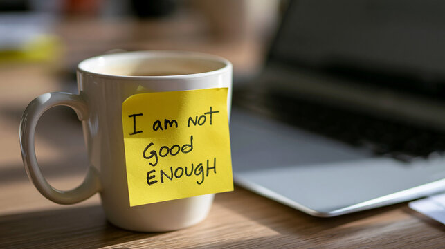 Coffee mug with a handwritten 'I am not good enough' note symbolizes self-doubt.