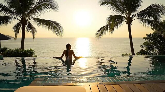 A lone figure silhouetted against a vibrant sunset gazes out over the tranquil ocean from an infinity pool, framed by swaying palm trees, embodying serenity and escapism.