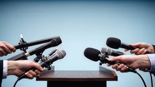 Journalists Hands Holding Microphones at Press Conference Podium