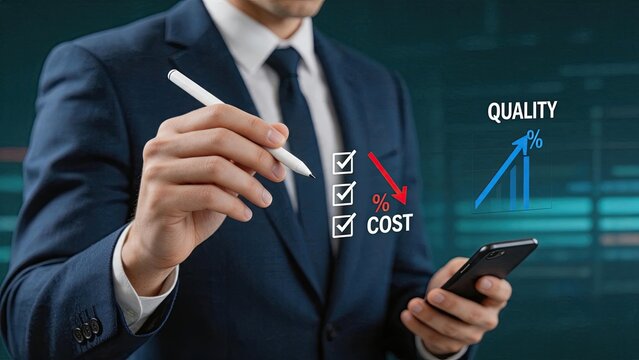 Manager analyzing cost reduction and quality increase charts on mobile device, strategic planning for operational efficiency and business improvement.