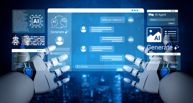 A futuristic scene featuring a robotic hand interacting with a holographic AI interface, showcasing digital communication in a cybernetic environment with advanced technology. Ledger