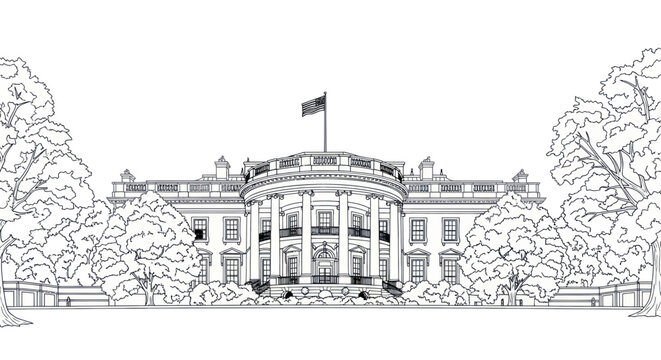 White House illustration, neoclassical architecture, american landmark, government building, iconic landmark