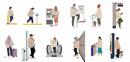 Collection of diverse people wearing warm winter puffer jackets in various urban transit and public settings, flat vector illustration style. © Siji