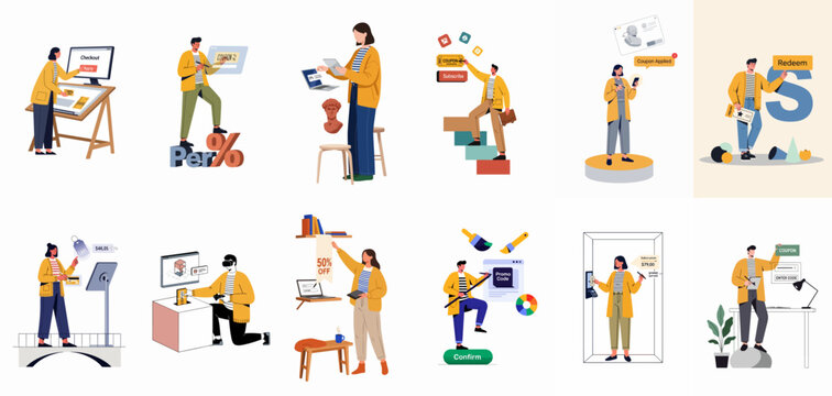 Collection of flat illustrations showing people using digital coupons, promo codes, and vouchers for online shopping and checkout experiences.