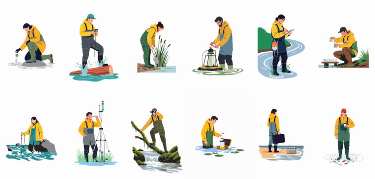 Flat vector illustrations of environmental scientists and hydrologists conducting water quality tests, field research, and ecological monitoring in various aquatic environments.