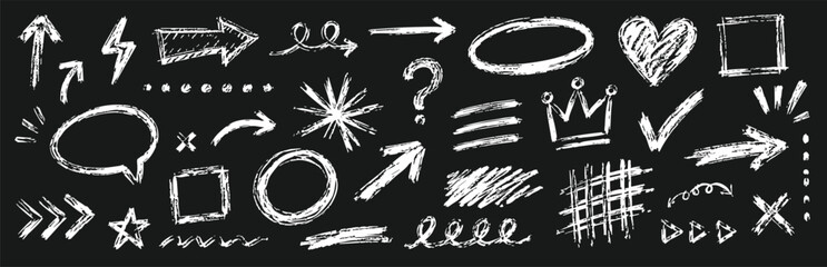 Set of hand drawn chalk elements, arrows, shapes, symbols and doodles on a black background © Zbrake Studio