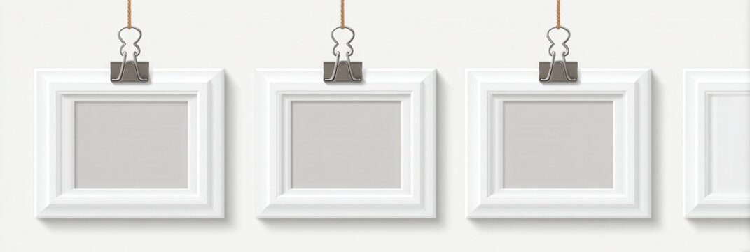 set of white photo frames with clips isolated on a transparent background, cutout png file vector illustration in a flat icon style, created in adobe illustrator.