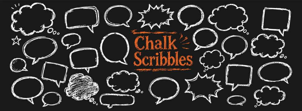 Set of handdrawn chalk speech bubbles and thought clouds on a black chalkboard background