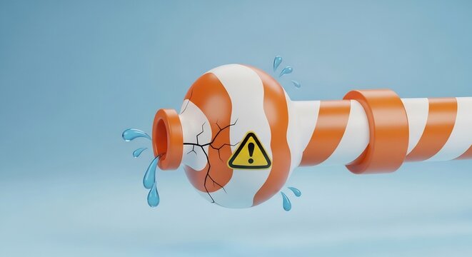 Leaking Pipe with Warning Sign: A Conceptual 3D Render.