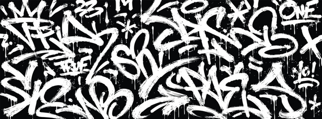 Seamless graffiti pattern with white spray paint tags on a black background. Urban street art style mural texture with abstract letters and drips. © Zbrake Studio