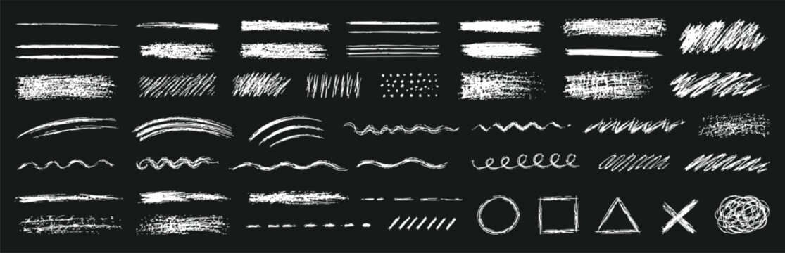Set of handdrawn chalk brushes and textures on a black background