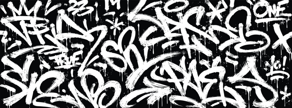 Seamless graffiti pattern with white spray paint tags on a black background. Urban street art style mural texture with abstract letters and drips.