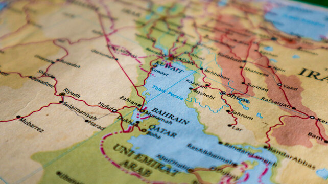 Map of the Persian Gulf, an extension of the Gulf of Oman between the Arabian Peninsula and Iran.