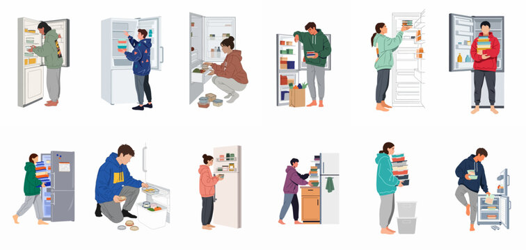 Diverse set of flat vector illustrations featuring people organizing food containers and storing leftovers in refrigerators for meal prep and kitchen management.