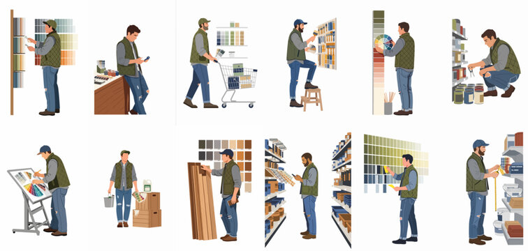 Set of Illustrations of a Man Shopping for Home Renovation and DIY Supplies at a Hardware Store