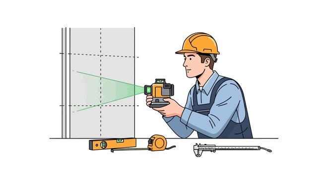 Construction worker using laser level for precise measurement on wall, tools laid out