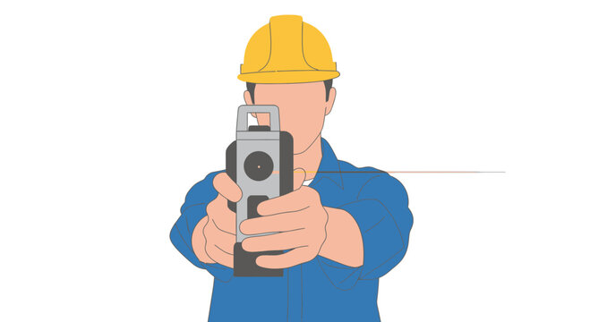 Surveyor in hard hat holding total station measuring device, construction site concept