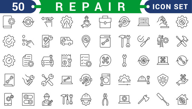 Repair icon set. Containing fix, maintenance, toolbox, assistance, broken, troubleshoot, patch and repairman service icons. Solid icon collection. Vector illustration.