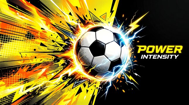 Soccer ball exploding with energy and light, dynamic action, sport concept